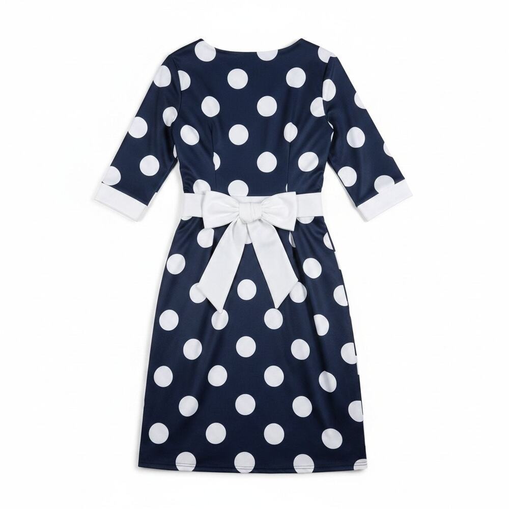 Womens Polka Dot Dress Bow Pencil Sheath Navy White M Pinup Rockabilly Retro
